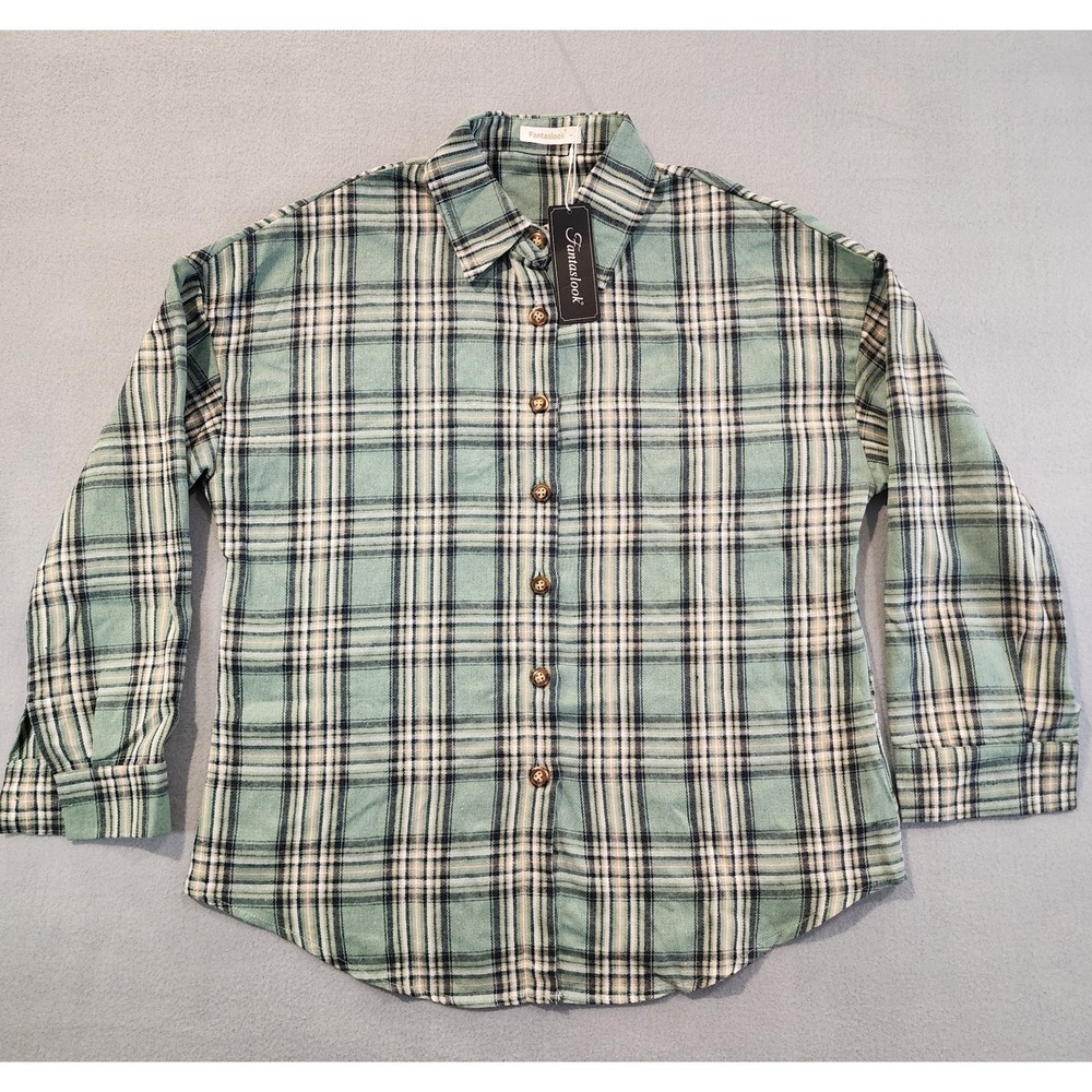 Fantaslook Green Plaid Flannel Button Front Shirt Jacket Shacket Women's...